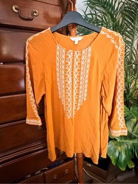 Garnet Hill  Casual Ease Embroidered saffron Tunic Top